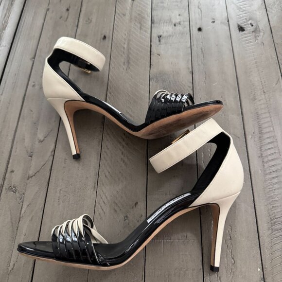 Jimmy Choo Livvi 85 Two-tone Leather Sandals Heels White Black - Picture 3 of 14